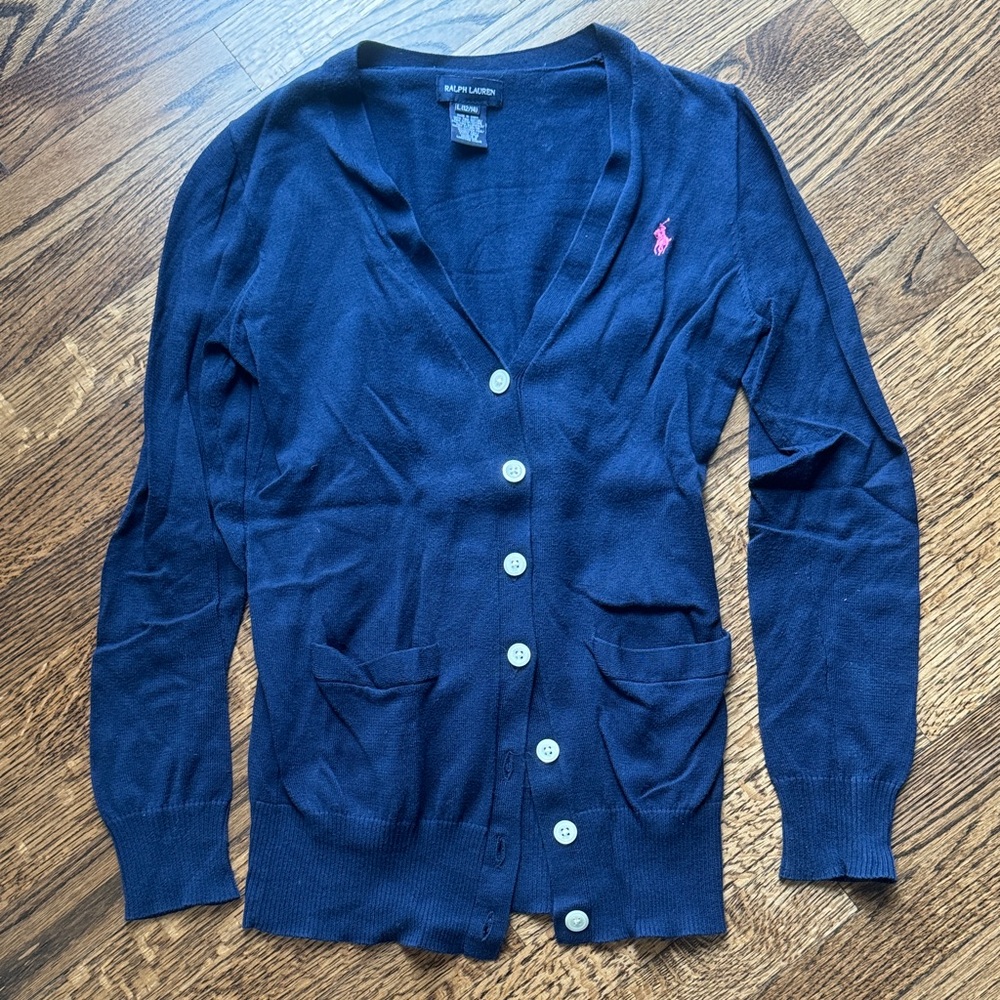 Kids Ralph Lauren Dark Blue Cardigan with Pink Logo